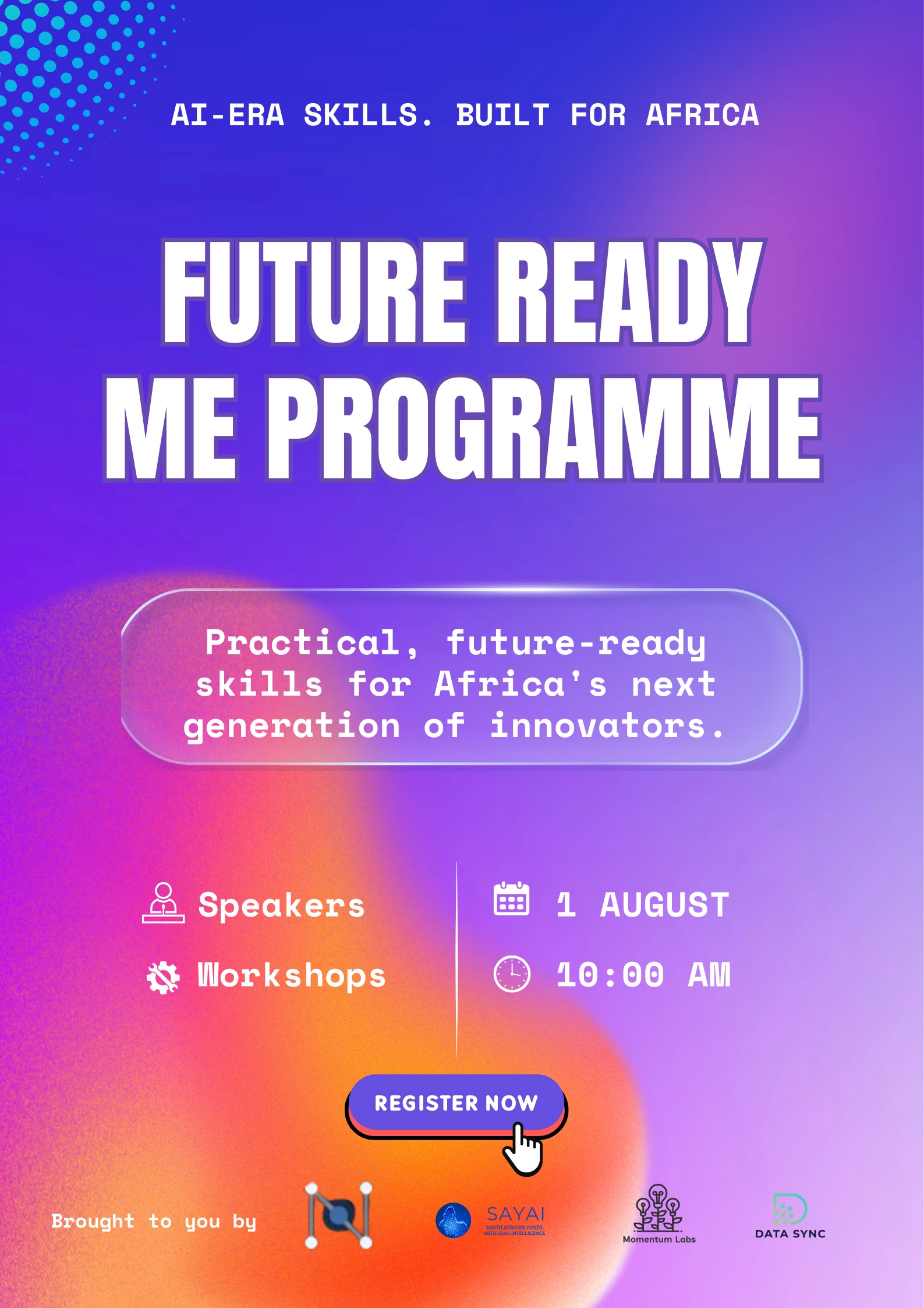 Future Ready Me first-edition poster promoting AI-era skills, speakers and workshops